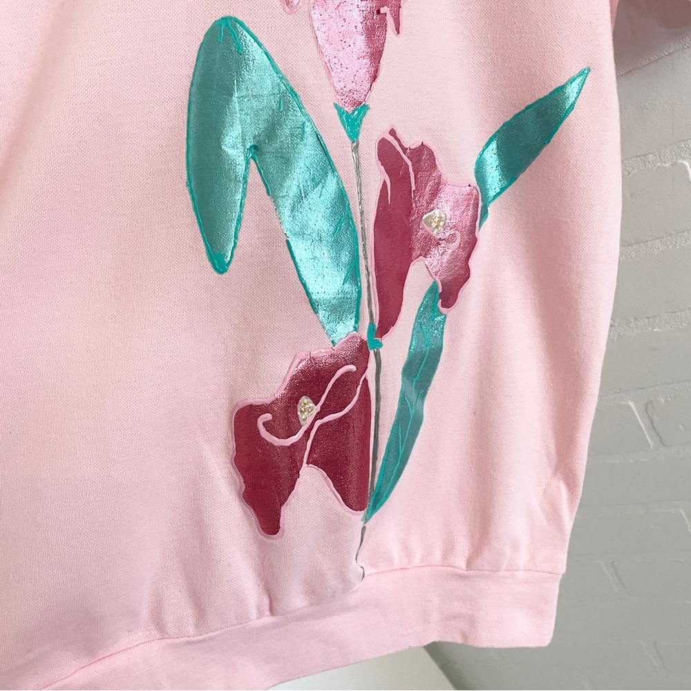 80s Artwear Graphic Appliqué Tee Iridescent Floral One Stitch Handmade Sz M - Picture 6 of 13